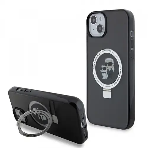 Husa pentru Apple iPhone 15 Plus, Karl Lagerfeld, Ringstand Karl and Choupette, Neagra
