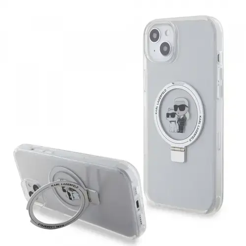 Husa MagSafe pentru Apple iPhone 15, Karl Lagerfeld, Ringstand Karl and Choupette, Alba