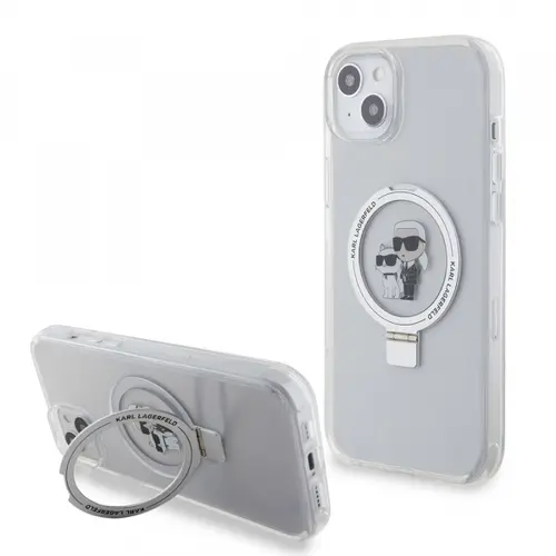 Husa MagSafe pentru Apple iPhone 15, Karl Lagerfeld, Ringstand Karl and Choupette, Alba