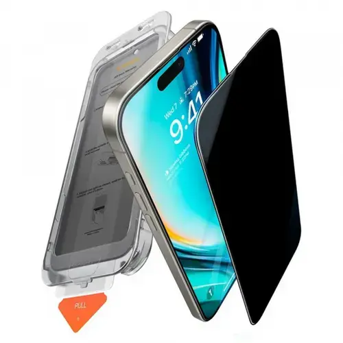 Folie de protectie Ecran Privacy Torras GlassGo Install Master pentru Apple iPhone 17 Pro Max, Sticla Securizata, Full Glue