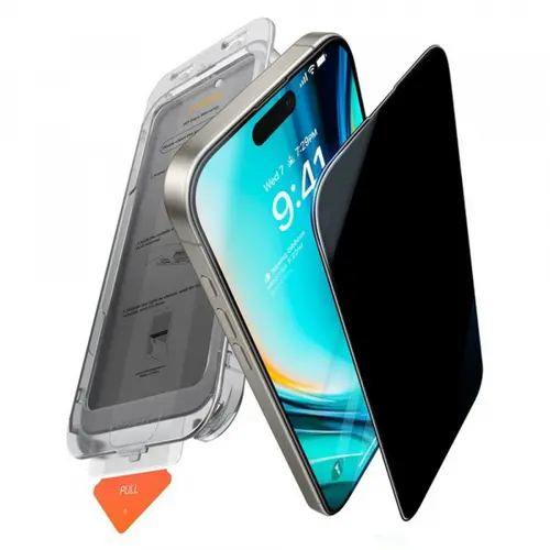 Folie de protectie Ecran Privacy Torras GlassGo Install Master pentru Apple iPhone 17 Pro Max, Sticla Securizata, Full Glue