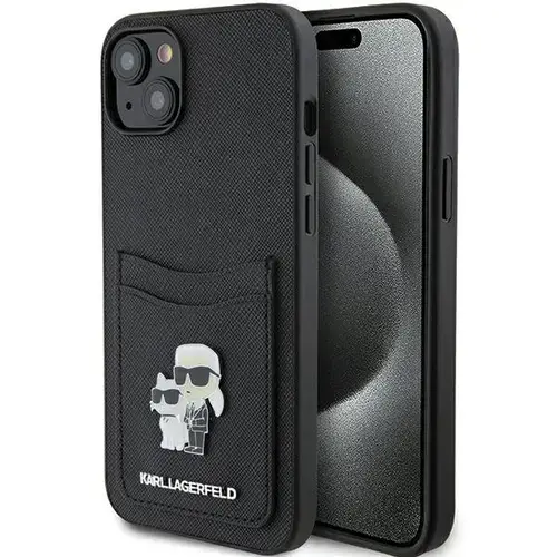 Husa pentru Apple iPhone 15, Karl Lagerfeld, Saffiano Card Slot Metal Karl & Choupette, Neagra