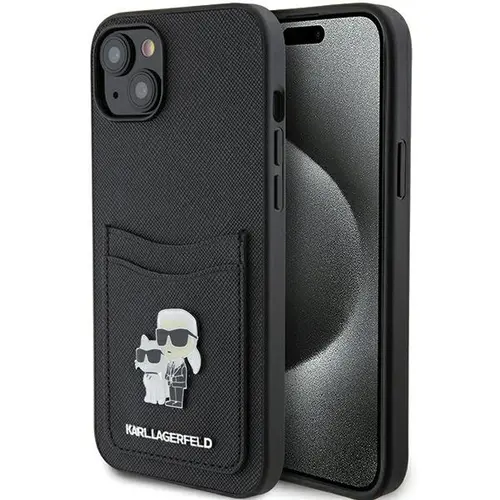 Husa pentru Apple iPhone 15, Karl Lagerfeld, Saffiano Card Slot Metal Karl & Choupette, Neagra