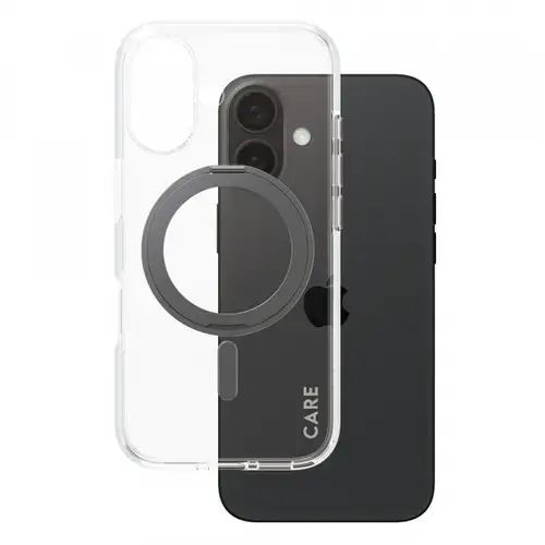 Husa MagSafe pentru Apple iPhone 16, PanzerGlass, Care Feature Kickstand, Transparenta Neagra