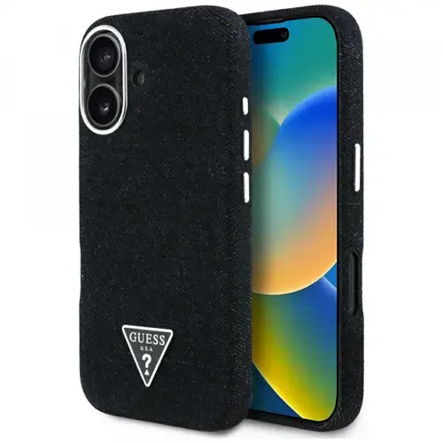 Husa MagSafe pentru Apple iPhone 16, Guess, Denim Triangle Logo, Neagra