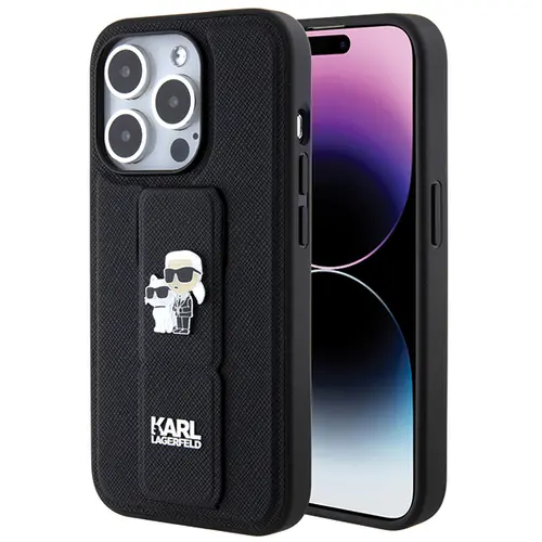 Husa MagSafe pentru Apple iPhone 14 Pro, Karl Lagerfeld, Saffiano Gripstand Karl & Choupette, Neagra