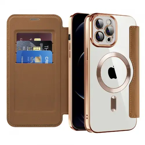 Husa MagSafe pentru Apple iPhone 12 Pro, Techsuit, SmartMag Book, Maro
