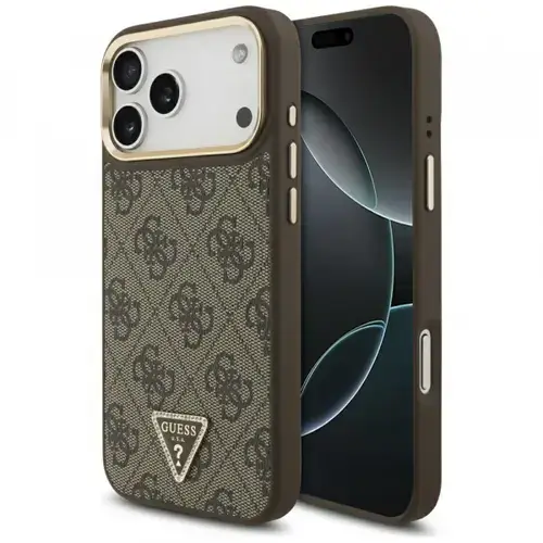 Husa MagSafe pentru Apple iPhone 17 Pro, Guess, 4G Triangle Logo, Maro Aurie