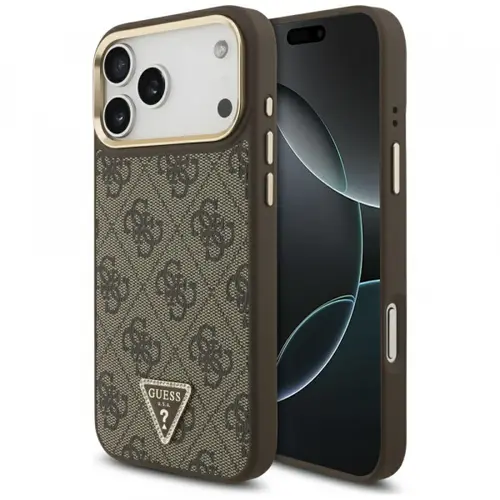 Husa MagSafe pentru Apple iPhone 17 Pro, Guess, 4G Triangle Logo, Maro Aurie