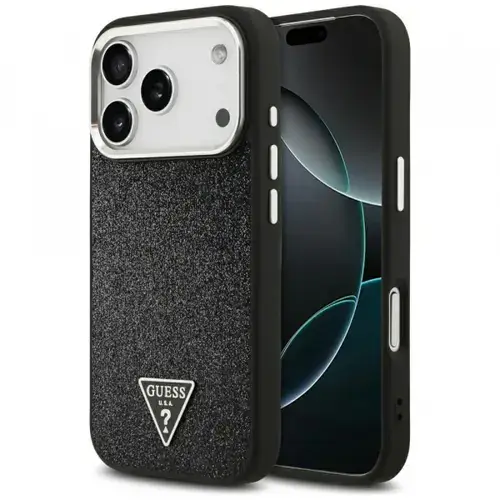 Husa MagSafe pentru Apple iPhone 17 Pro, Guess, Glitter Triangle Logo, Neagra