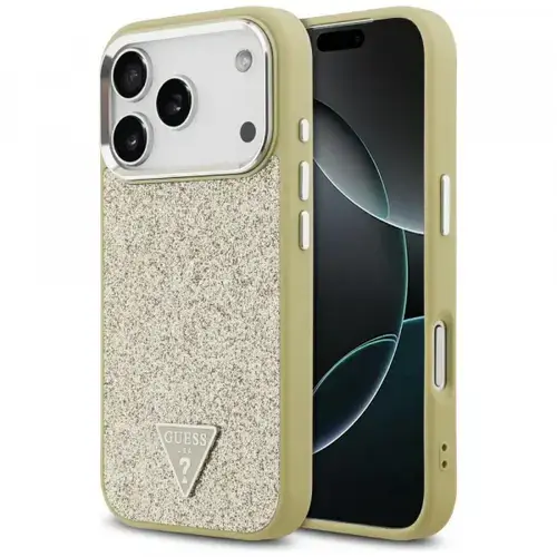 Husa MagSafe pentru Apple iPhone 17 Pro, Guess, Glitter Triangle Logo, Aurie
