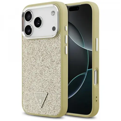 Husa MagSafe pentru Apple iPhone 17 Pro, Guess, Glitter Triangle Logo, Aurie