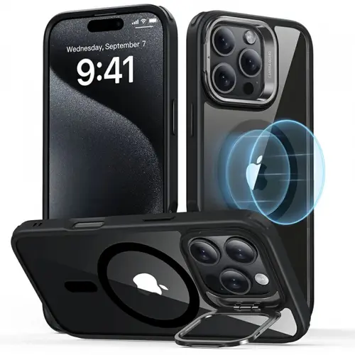 Husa MagSafe pentru Apple iPhone 16 Pro Max, ESR, Classic Hybrid Kickstand, Neagra Transparenta