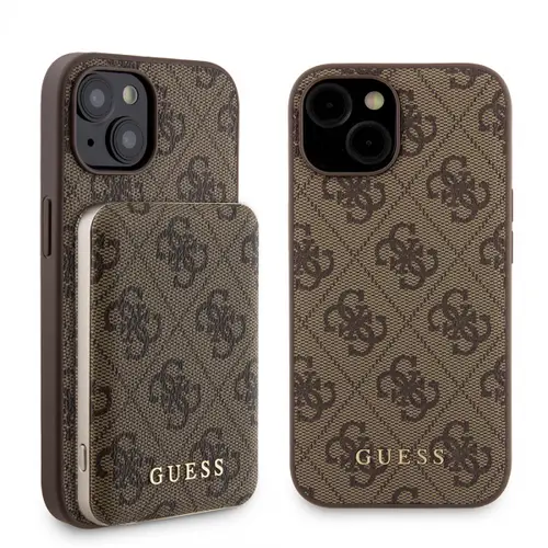 Husa MagSafe pentru Apple iPhone 15, Guess, Powerbank 4G Metal Logo, Maro