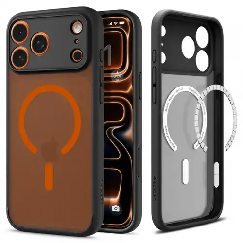 Husa MagSafe pentru Apple iPhone 17 Pro, Spigen, Ultra Hybrid, Neagra Portocalie Satinata