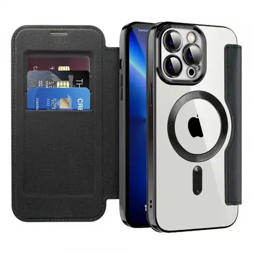 Husa MagSafe pentru Apple iPhone 13 Pro, Techsuit, SmartMag Book, Neagra