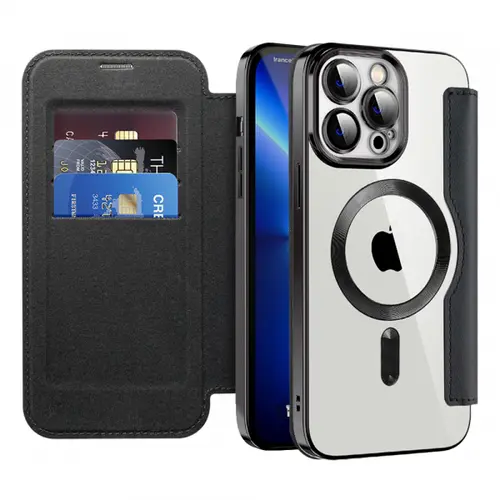 Husa MagSafe pentru Apple iPhone 13 Pro, Techsuit, SmartMag Book, Neagra