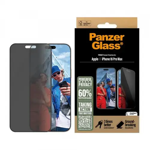 Folie de protectie Ecran Privacy PanzerGlass Ultra-Wide Fit EasyAligner pentru Apple iPhone 16 Pro Max, Sticla Securizata, Full Glue
