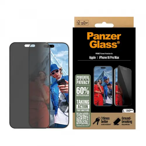 Folie de protectie Ecran Privacy PanzerGlass Ultra-Wide Fit EasyAligner pentru Apple iPhone 16 Pro Max, Sticla Securizata, Full Glue