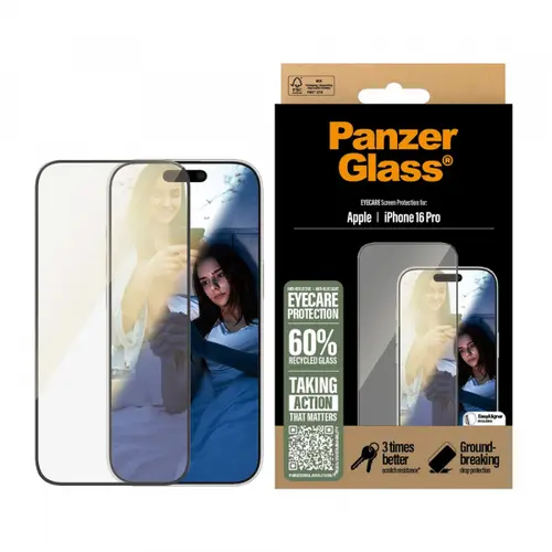 Folie de protectie Ecran PanzerGlass Ultra-Wide Fit EyeCare pentru Apple iPhone 16 Pro, Sticla Securizata, Full Glue