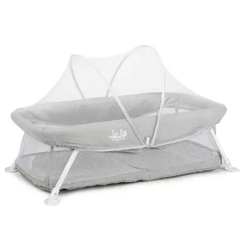 Patut portabil pentru nou-nascuti si bebelusi Juju Little Dreamy, 80x42 cm, salteluta, plasa anti-insecte, husa lavabila, design ergonomic, structura stabila, geanta transport, Gri