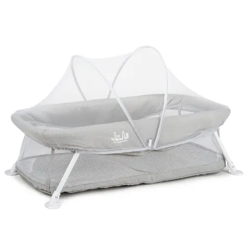 Patut portabil pentru nou-nascuti si bebelusi Juju Little Dreamy, 80x42 cm, salteluta, plasa anti-insecte, husa lavabila, design ergonomic, structura stabila, geanta transport, Gri