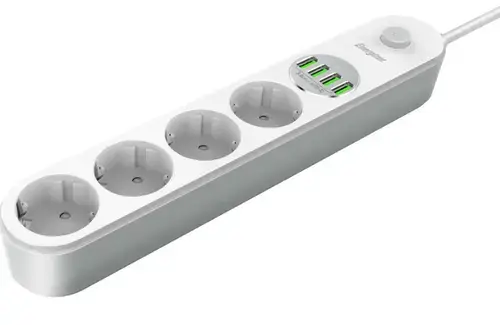 Prelungitor Energizer ENZ00017, 4 x AC Schuko, 4 x USB-A, 2500 W, 10 A, 2 m lungime cablu, Alb