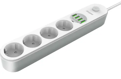 Prelungitor Energizer ENZ00017, 4 x AC Schuko, 4 x USB-A, 2500 W, 10 A, 2 m lungime cablu, Alb