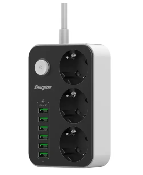 Prelungitor Energizer ENZ00018, 3 x AC Schuko, 6 x USB-A, 2500 W, 10 A, 2 m lungime cablu, Negru
