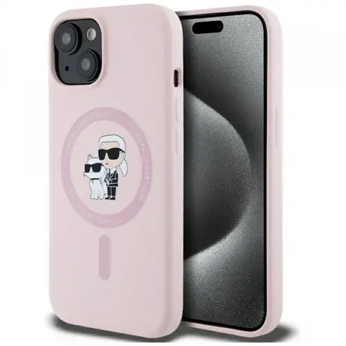 Husa MagSafe pentru Apple iPhone 15, Karl Lagerfeld, Silicone Karl & Choupette, Roz