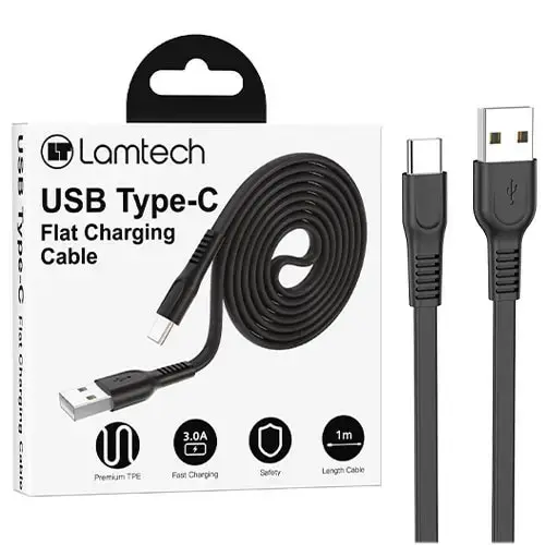 Cablu Date si Incarcare Lamtech, USB la Type-C, Plat, 3A, 1m, Negru