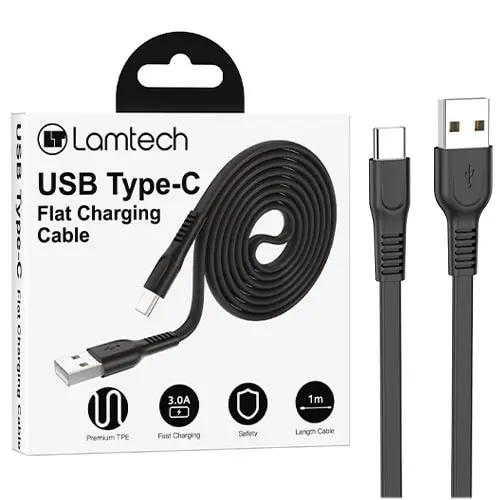 Cablu Date si Incarcare Lamtech, USB la Type-C, Plat, 3A, 1m, Negru