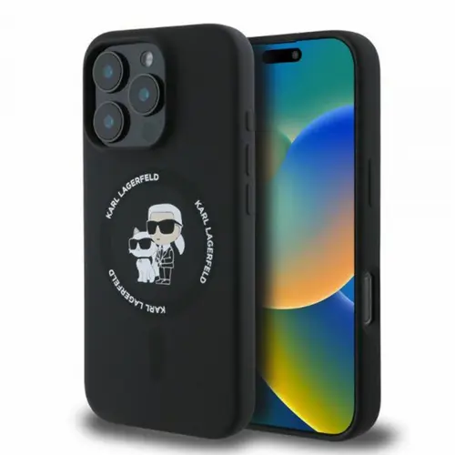 Husa MagSafe pentru Apple iPhone 16 Pro Max, Karl Lagerfeld, Silicone Ring Karl & Choupette, Neagra