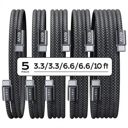 Cablu Date si Incarcare USB-C - USB-C Lisen YL0123070010, 60W,  2 x 1m, 2 x 2m, 1 x 3m, Set 5 bucati, Negru