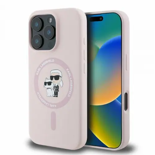 Husa MagSafe pentru Apple iPhone 16 Pro Max, Karl Lagerfeld, Silicone Ring Karl & Choupette, Roz