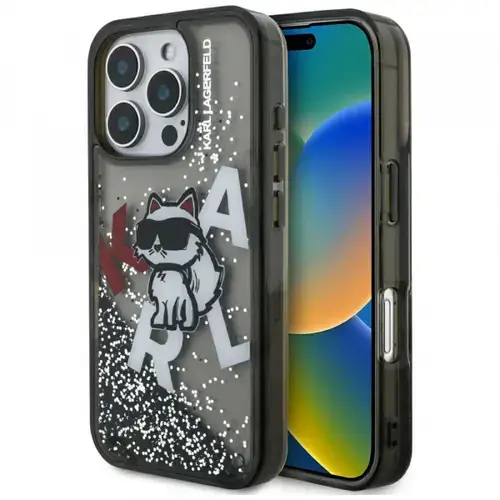 Husa MagSafe pentru Apple iPhone 16 Pro Max, Karl Lagerfeld, Liquid Glitter Choupette Logo, Neagra