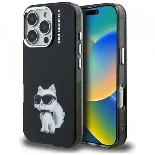 Husa pentru Apple iPhone 16 Pro, Karl Lagerfeld, IML Aquarelle Logo Choupette, Neagra