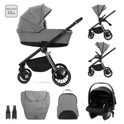 Carucior 3 in 1 Lorelli Bianca, cos landou individual, cosulet auto Aria Luxe inclus, cadru din aluminiu, pana la 22 kg, Gri