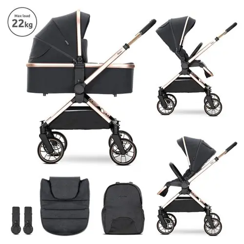 Carucior 2 in 1 Lorelli Reya, cos individual cu maner de transport, maner si sezut reversibile, pana la 22 kg, Negru