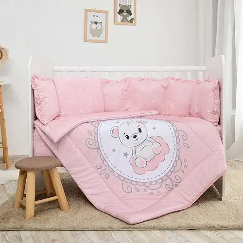 Set lenjerie 7 piese Lorelli Lily, bumbac ranforce, pentru paturi 60 x 120 cm, Roz