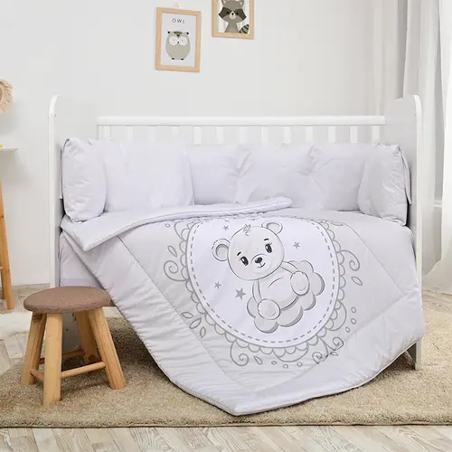 Set lenjerie 7 piese Lorelli Lily, bumbac ranforce, pentru paturi 60 x120 cm, Gri