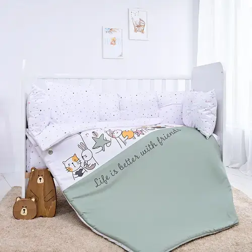 Set lenjerie 7 piese Lorelli Lily Happy Friends Mint, bumbac ranforce, pentru paturi 60 x 120 cm