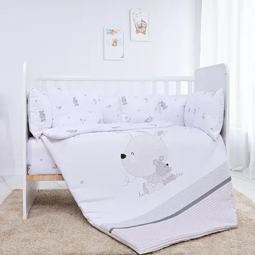 Set lenjerie 7 piese Lorelli Lily Little Rabbits Grey, bumbac ranforce, pentru paturi 60 x 120 cm