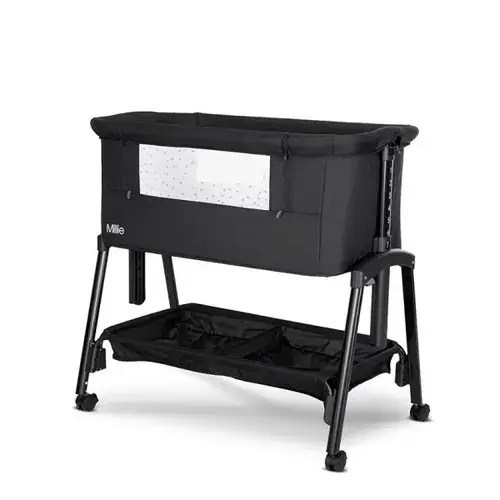 Patut pliabil co-sleeper Lorelli Millie, 0 Luni+, max. 9 kg, inaltime reglabila 7 pozitii, sistem antireflux, plasa de tantari, saltea inclusa, Negru