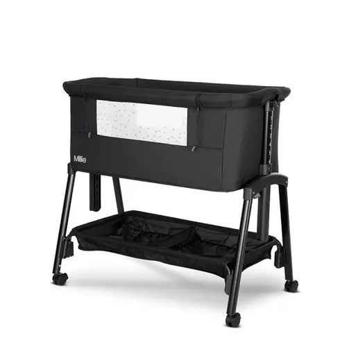 Patut pliabil co-sleeper Lorelli Millie, 0 Luni+, max. 9 kg, inaltime reglabila 7 pozitii, sistem antireflux, plasa de tantari, saltea inclusa, Negru