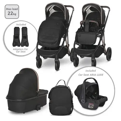 Carucior 3 in 1 Lorelli Aria, cosulet auto Aria Luxe 40-87 cm inclus, accesorii incluse, 0 - 22 kg, Negru