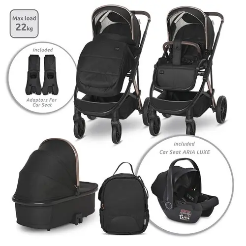 Carucior 3 in 1 Lorelli Aria, cosulet auto Aria Luxe 40-87 cm inclus, accesorii incluse, 0 - 22 kg, Negru