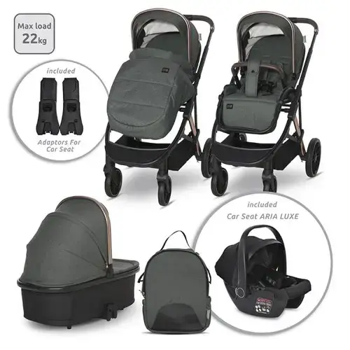 Carucior 3 in 1 Lorelli Aria, cosulet auto Aria Luxe 40-87 cm inclus, accesorii incluse, 0 - 22 kg, Verde