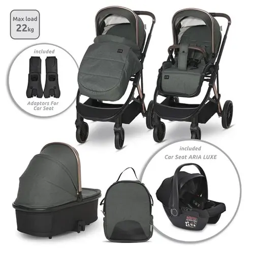 Carucior 3 in 1 Lorelli Aria, cosulet auto Aria Luxe 40-87 cm inclus, accesorii incluse, 0 - 22 kg, Verde