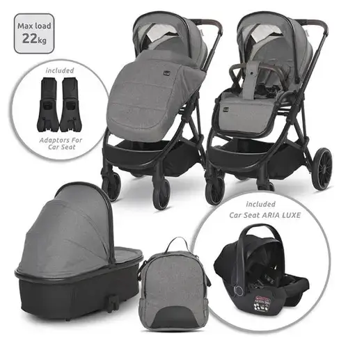 Carucior 3 in 1 Lorelli Aria, cosulet auto Aria Luxe 40-87 cm inclus, accesorii incluse, 0 - 22 kg, Gri